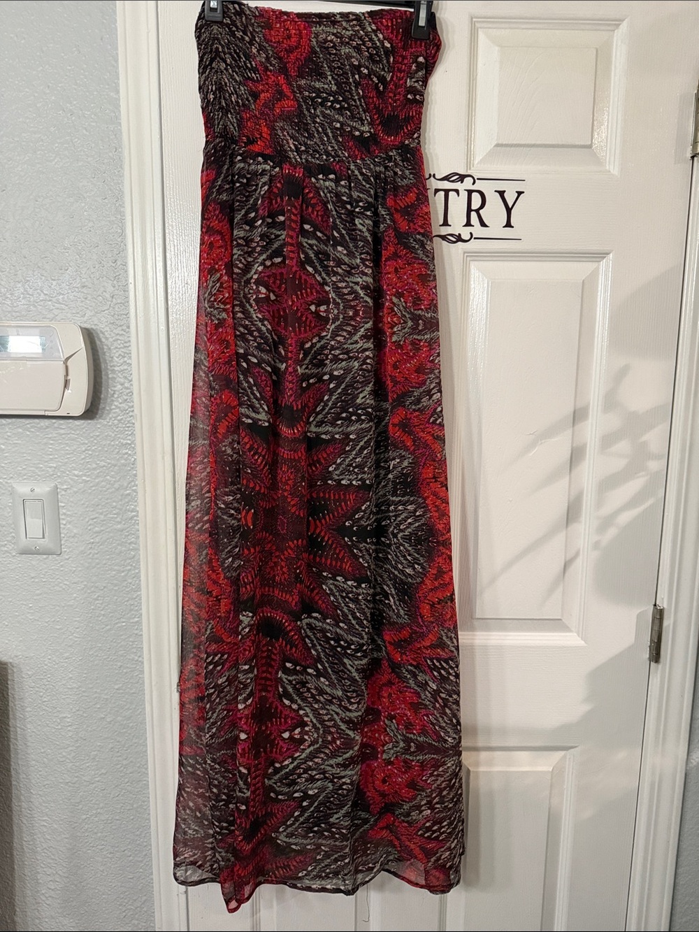 Element Strapless Maxi Dress in Red and Black Pattern